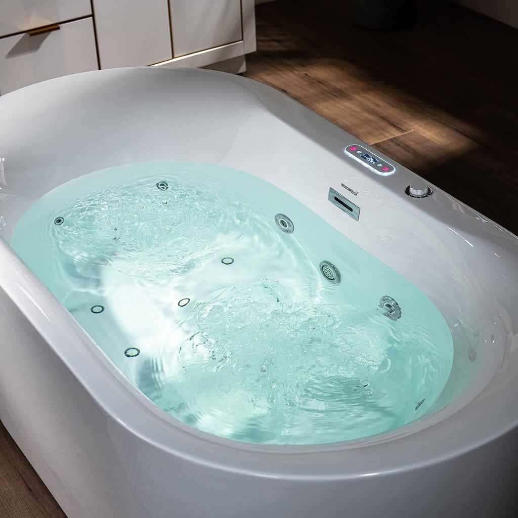 WOODBRIDGE 59' x 31-1/2' Whirlpool Water Jetted and Air Bubble Freestanding Heated Soaking Combination Bathtub with LED control panel, BJ100, White | Whirlpool Water Jetted, Air Bubble, Heated Soaking, LED Control Panel
