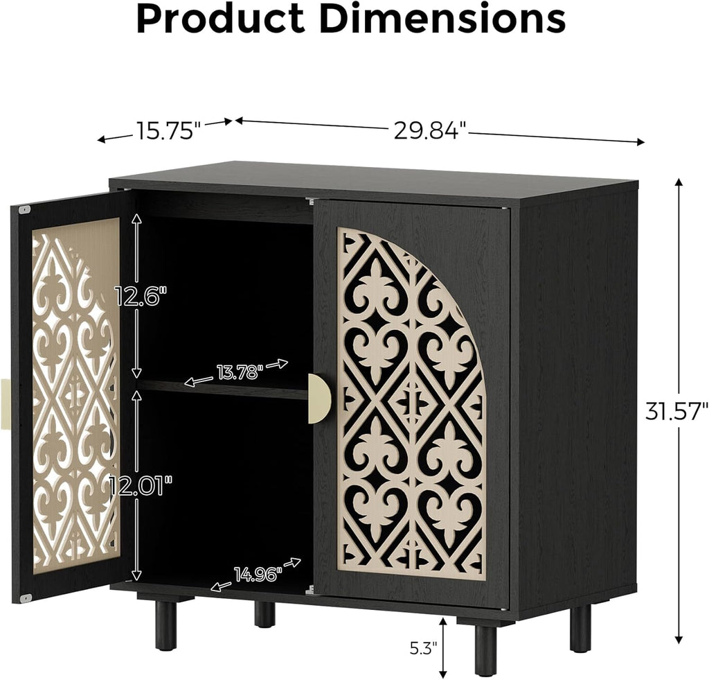 Decorative Storage Cabinet Sideboard with Hollow Carved Panels, 4 Doors Storage Sideboard Cabinet with Adjustable Shelves. [Black, 2pcs]