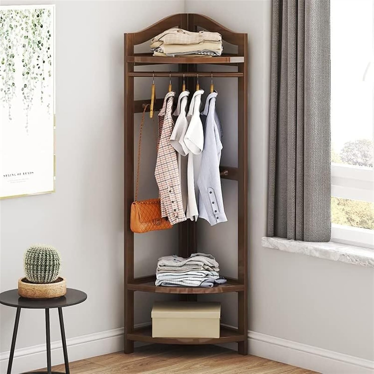 Wooden Coat Rack Freestanding Garment Rail with Hooks, Bamboo Corner Floor Hanger for Hats, Coats, Bags, Bedroom, Entryway, Hallway (Walnut, 170cm)