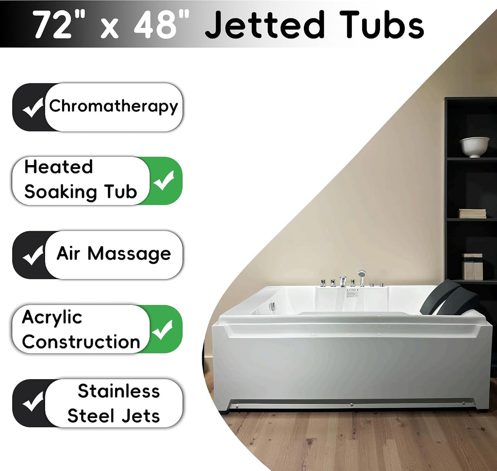 72'x48' Acrylic Jetted Tubs with 8 Whirlpool Nozzles, 2 Person Massage Whirlpool Bathtub with Pillows, 3 Sided Apron Design, Hydro Massage, Color-Changing LED Lights Chromatherapy, Left Drain