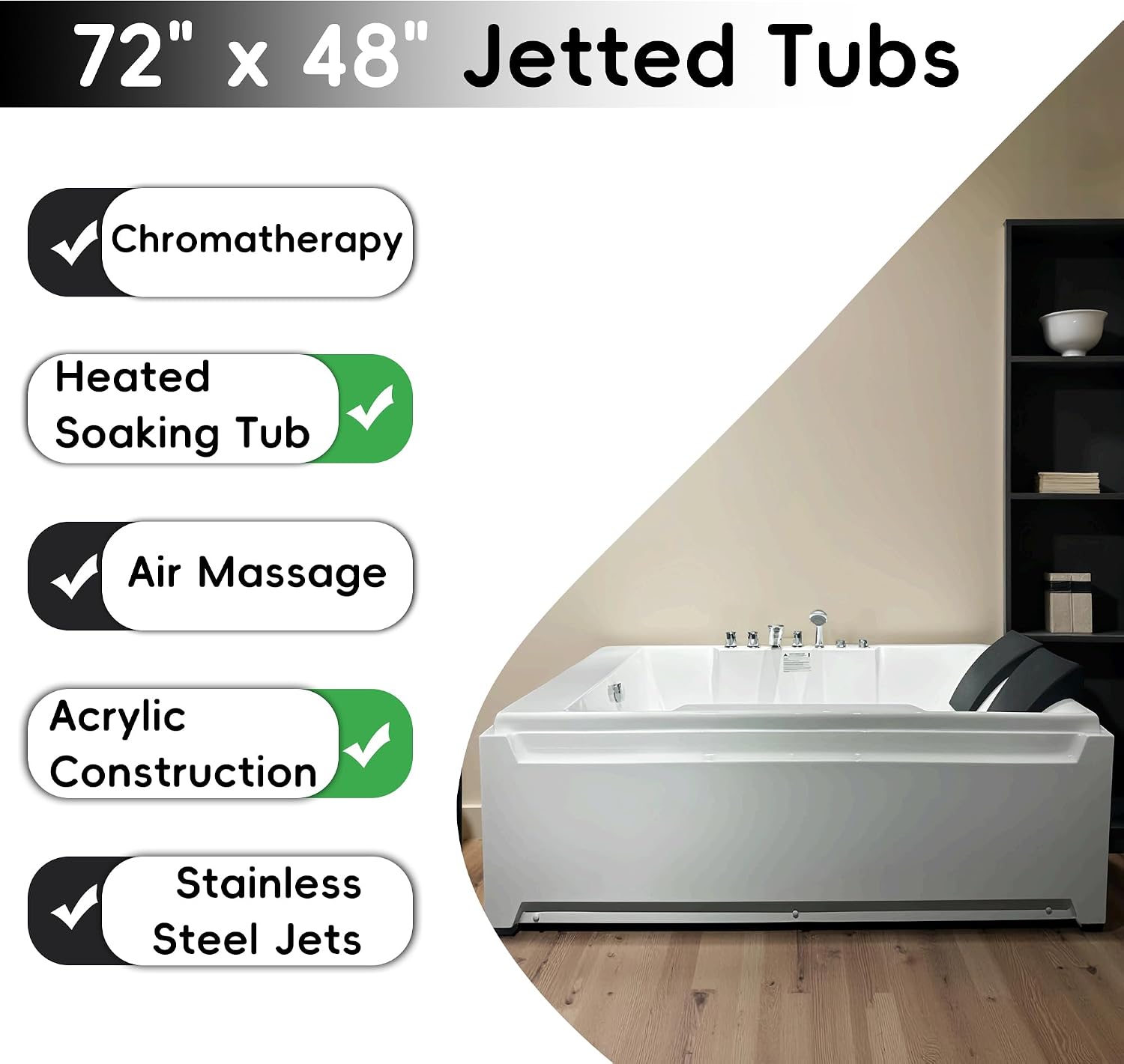 72'x48' Acrylic Jetted Tubs with 8 Whirlpool Nozzles, 2 Person Massage Whirlpool Bathtub with Pillows, 3 Sided Apron Design, Hydro Massage, Color-Changing LED Lights Chromatherapy, Left Drain