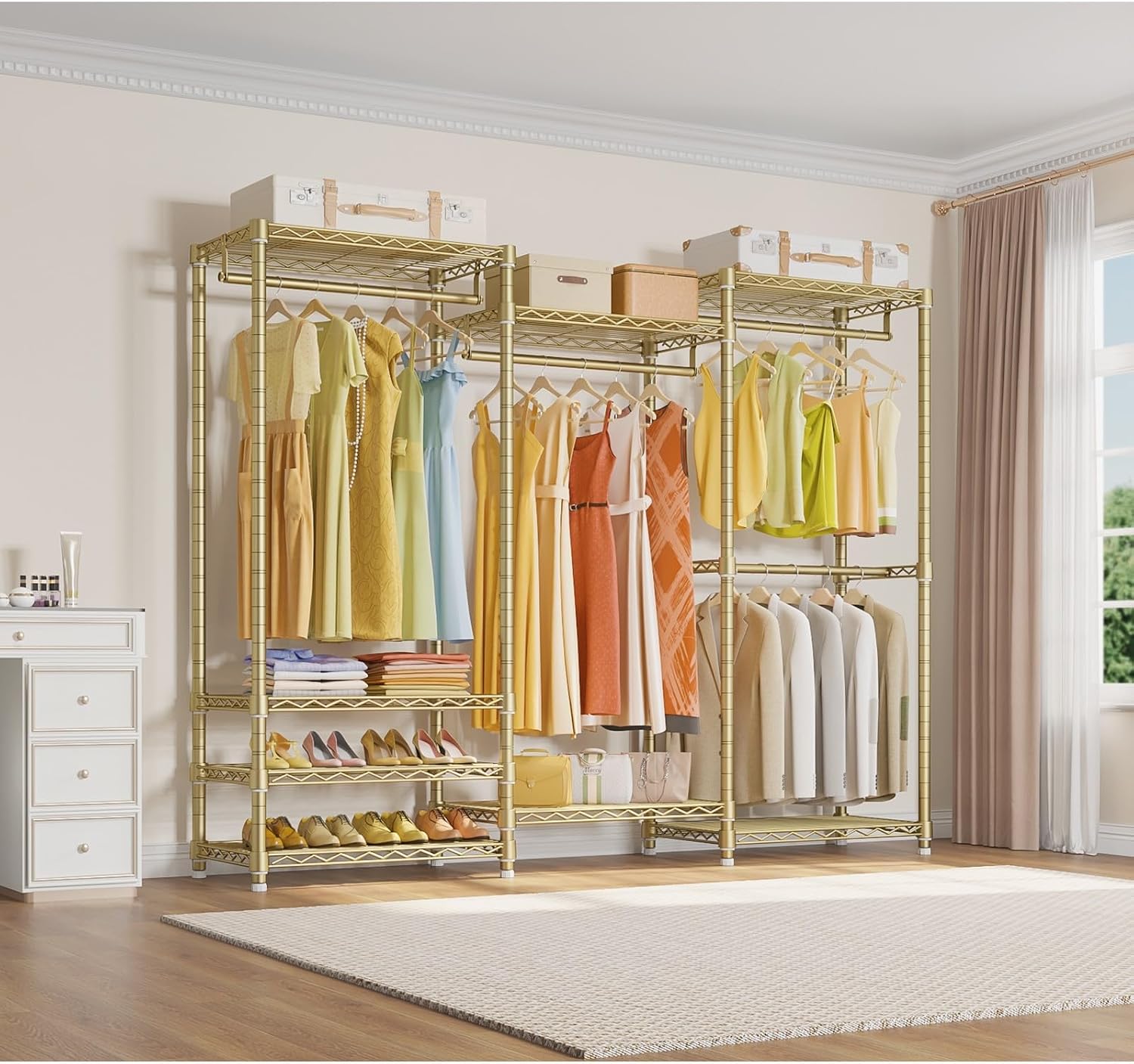VIPEK V5 Portable Closet Wardrobe Heavy Duty Clothes Rack, Freestanding Metal Clothing Racks Custom Closet Racks with 8 Adjustable Shelves, 68.9' Lx15.7 Wx76.4 H, Max Load 890LBS, Gold