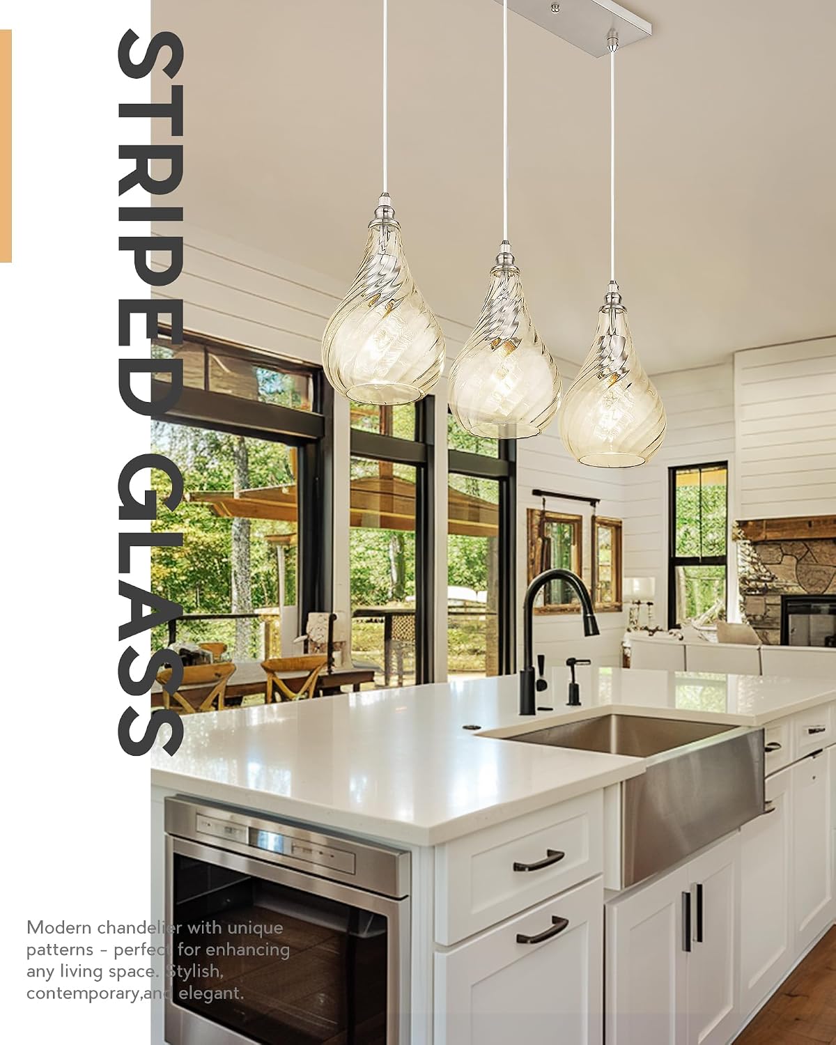 TENGXIN 3-Light Pendant Lights for Kitchen Islands - 6 Inch Brushed Nickel with Striped Glass. Farmhouse Style, Ideal for Dining Rooms and Bedrooms, Model TXPLBN12-3.
