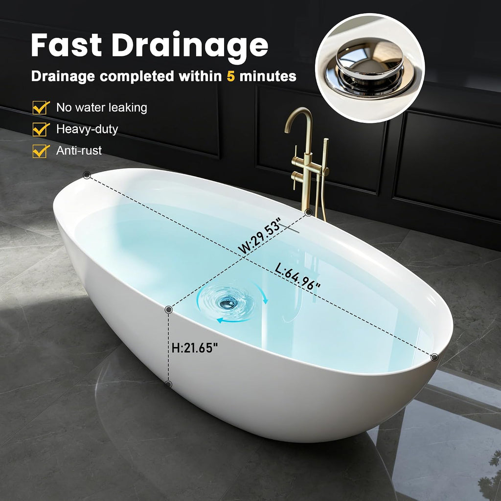65' Acrylic Free Standing Tub with Thin Edge, Freestanding Bathtub with Overflow and Drain, Soaking Tub cUPC Certified, Gloss White Freestanding Bathtubs