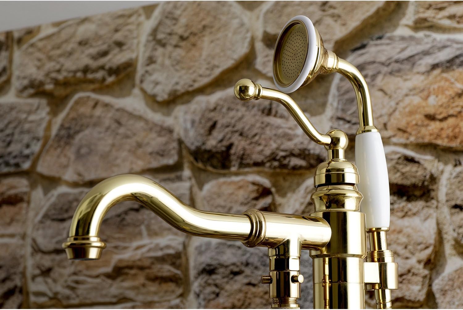 Kingston Brass KS7132ABL English Country Freestanding Tub Faucet with Hand Shower, Polished Brass