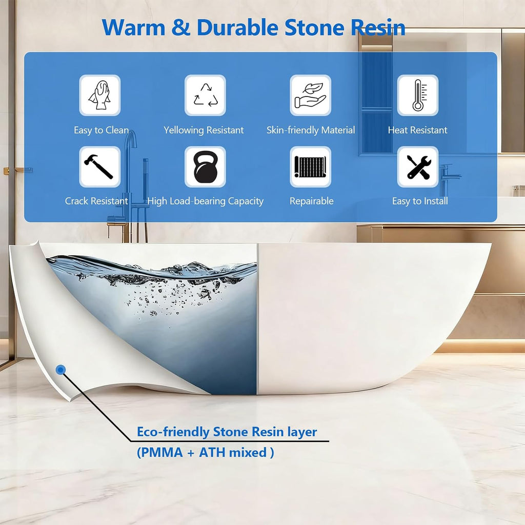 55″ Freestanding Solid Surface Bathtub, Oval Thick Edge Matte White Stone Resin Stand Alone Soaking Tub, Ergonomic Free standing Flatbottom Tubs with Overflow, Pop-up Drain (Matte White, 55')