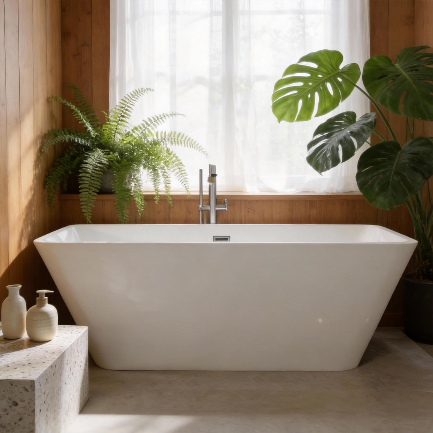 59' Freestanding Acrylic Soaking Tub, Large Bathtub, Contemporary Stand-Alone Bathroom Tub with Non-Slip Surface, Overflow and Drain Included, Deep Bathtub for Home Spa