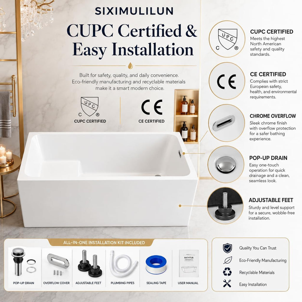 43' Acrylic Freestanding Bathtub with Seat,Deep Bathtub,Rectangle Soaking Tub with Chrome Overflow & Pop-Up Drain, CUPC Certified for Small Bathrooms