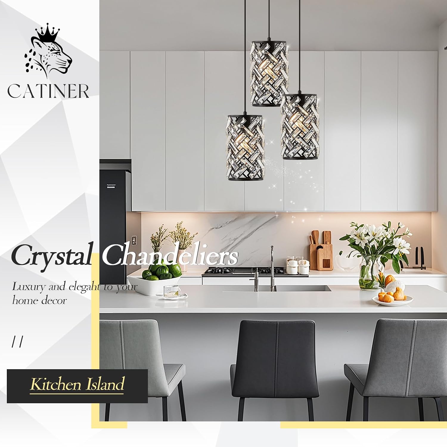 CATINER 3 Lights Crystal Pendant Light Modern Black Mini Chandelier, Adjustable Cluster Pendant Light Fixture for Kitchen Island Dinning Room Bedroom Hallway Porch