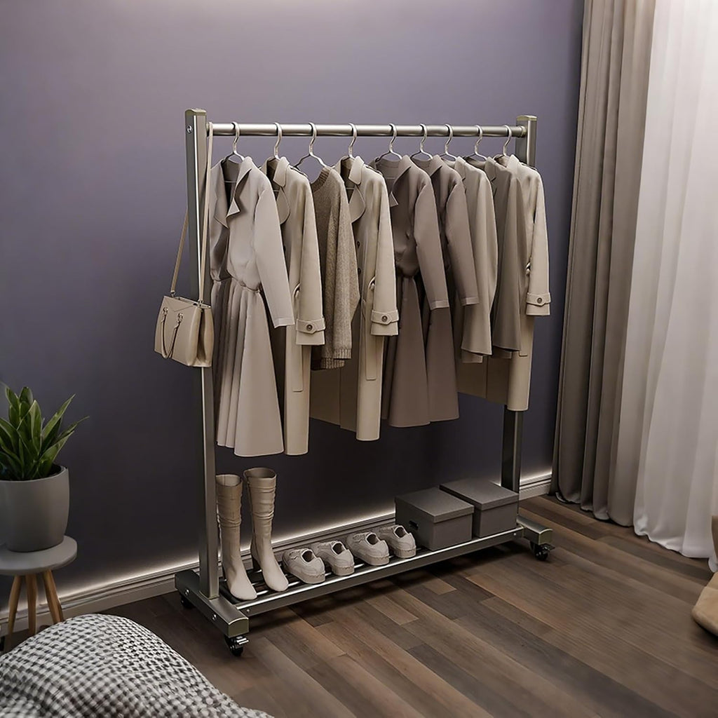 Heavy-Duty Clothes Rack With Wheels, Freestanding Metal Garment Rack With Bottom Shelf, Rolling Clothing Racks For Hanging Clothes, For Bedroom, Laundry, Balcony(150cm/59in)