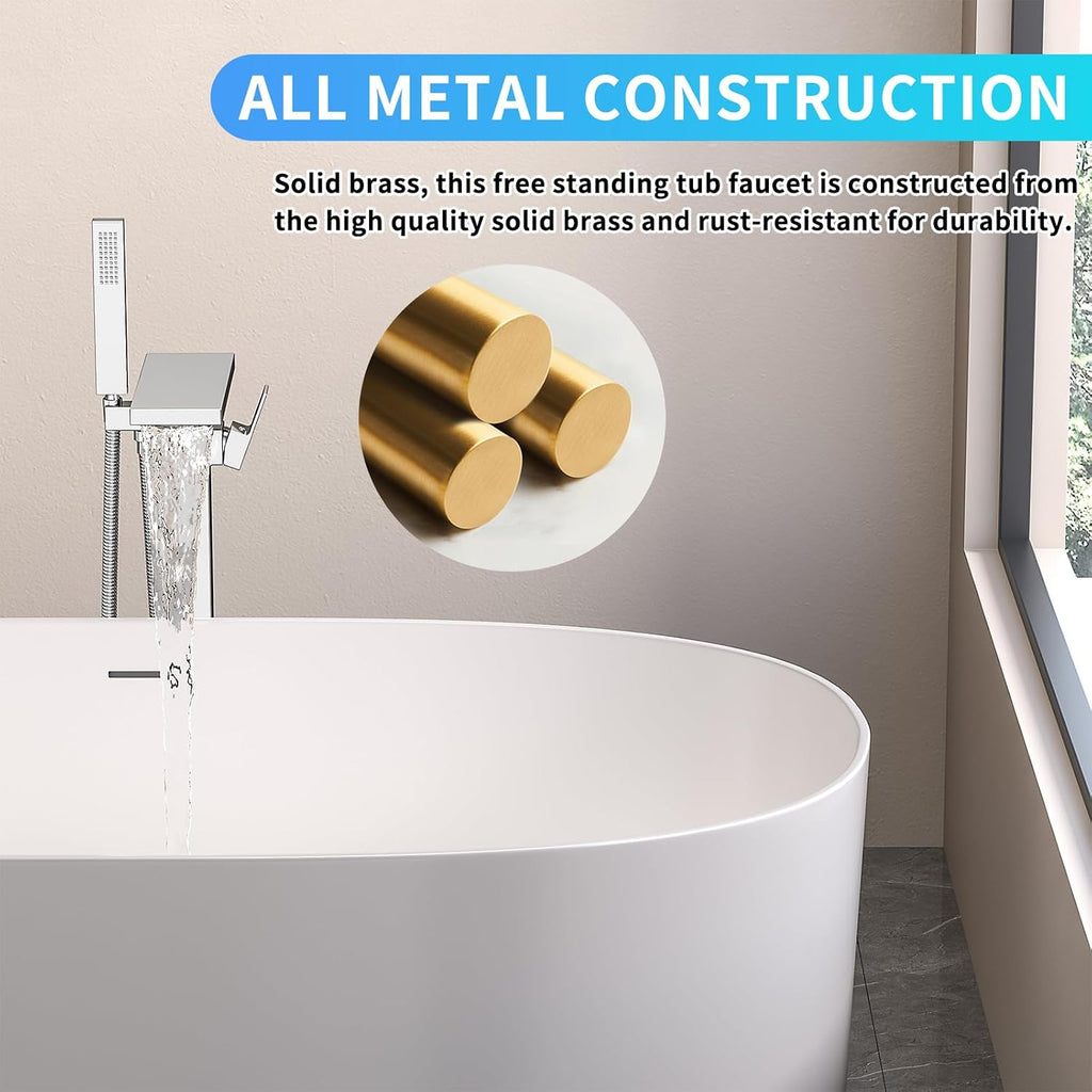 Freestanding Bathtub Faucet with Handheld Spray Single,High Flow Waterfall Bath Shower Faucet,Floor Mount Bathtub Faucet Swivel Flat Waterfall Spout Polished Chrome