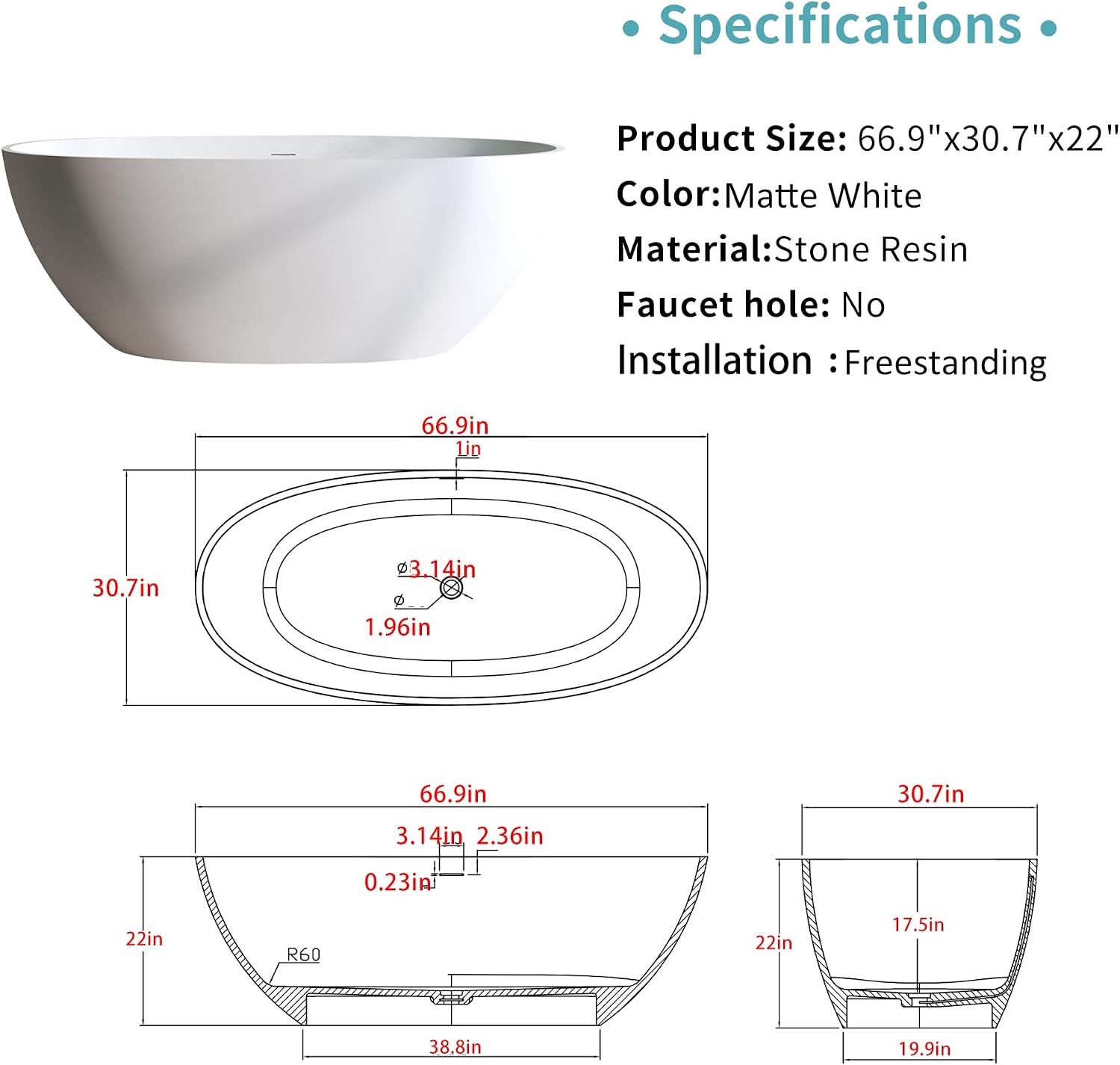 66.9' Stone Resin Freestanding Bathtub, Oval Shape Solid Surface Bathroom Freestanding Tubs, Stand Alone Soaking Tubs with Integrated Slotted Overflow and Drain, Matte White