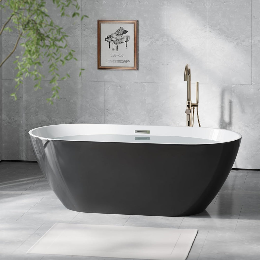 Freestanding Bathtubs 67 inch Acrylic Stand Alone Tub – Black Exterior White Interior, Chrome Drain, Deep Ergonomic Oval Soaking Tub, Modern Freestanding Tub for Bathroom, Family Use