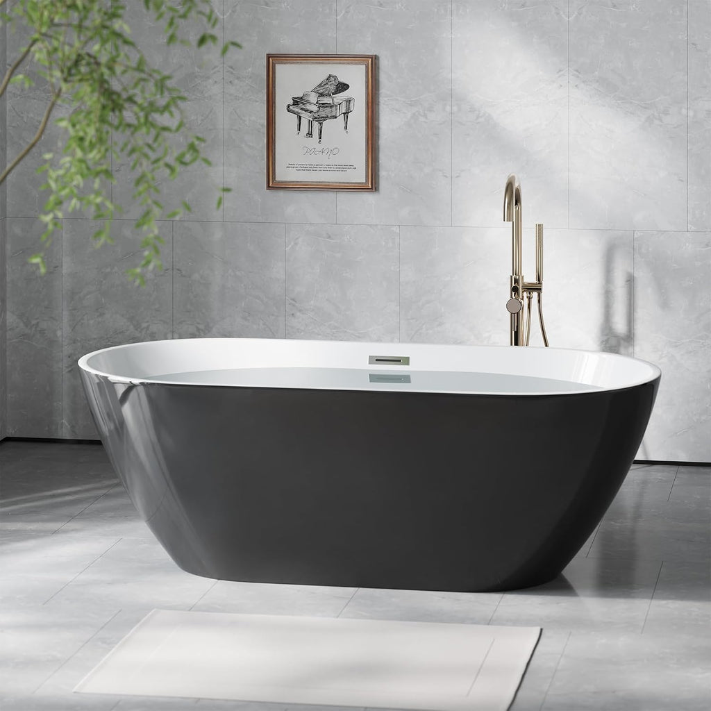 GarveeTech 59' Acrylic Freestanding Bathtub - Glossy Black Oval Soaking Tub with Chrome Overflow & Drain Kit, CUPC Certified