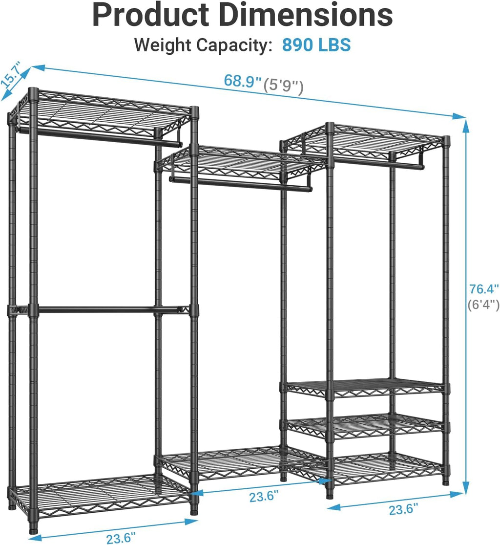 VIPEK V5 Heavy Duty Clothes Rack, Portable Closet Wardrobe with 4 Hanging Rods & 8 Shelves, Freestanding Adjustable Garment Rack for Bedroom, Walk-in Closet, 890 lbs Capacity, Black, 68.9' L