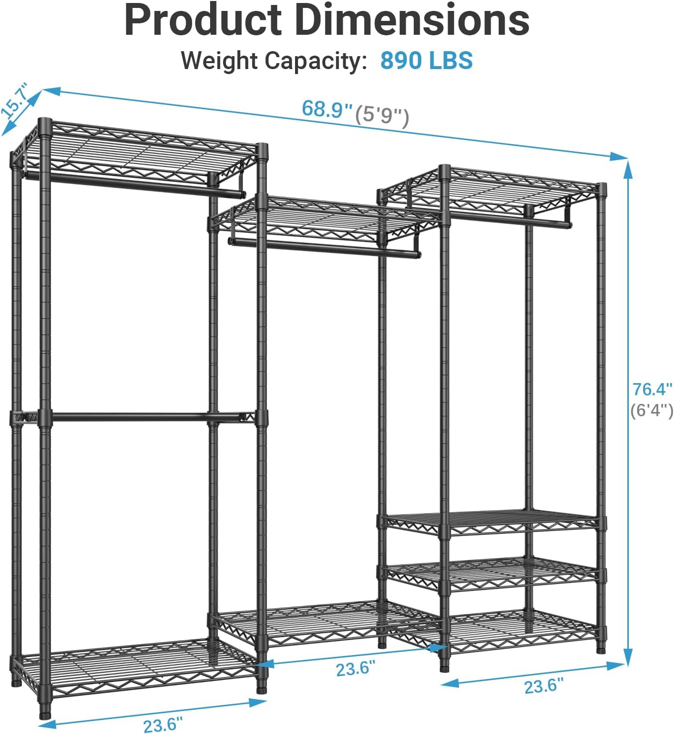 VIPEK V5 Heavy Duty Clothes Rack, Portable Closet Wardrobe with 4 Hanging Rods & 8 Shelves, Freestanding Adjustable Garment Rack for Bedroom, Walk-in Closet, 890 lbs Capacity, Black, 68.9' L