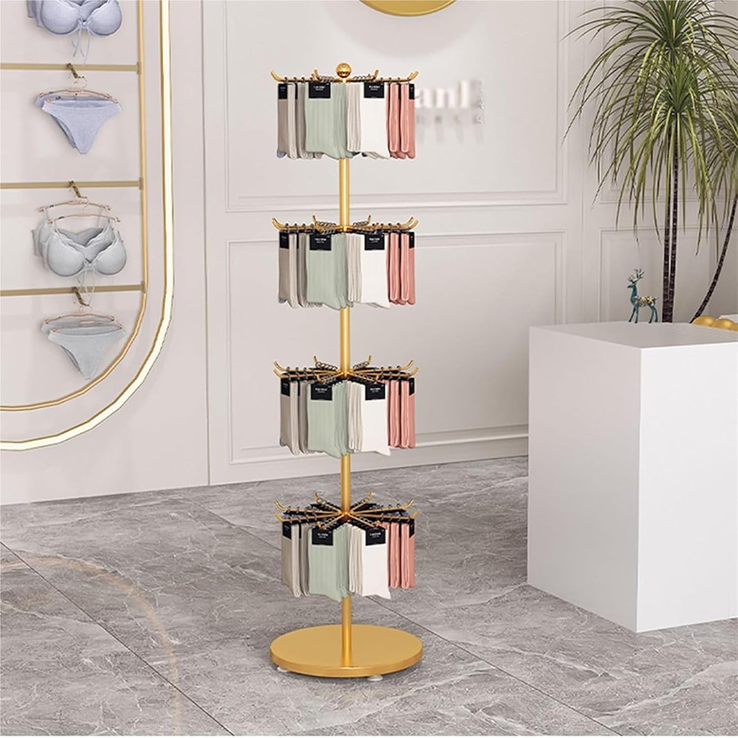 Round Retail Clothing Store Shelf, Commercial Lingerie Garment Rack, Metal, Underwear Sock Display Organizer Stand, for Bras, Shorts, Hats, 3-4 Tier(Gold,150 * 40cm)
