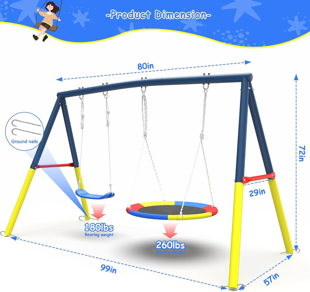 440lbs Swing Set for Backyard with Stand, Swing Heavy Duty Metal Outdoor Swing Stand, Contain 1 Saucer 32' & 1 Belt seat 26.2' for Playground - Backyard Playset, Adjustable Rope (Blue)