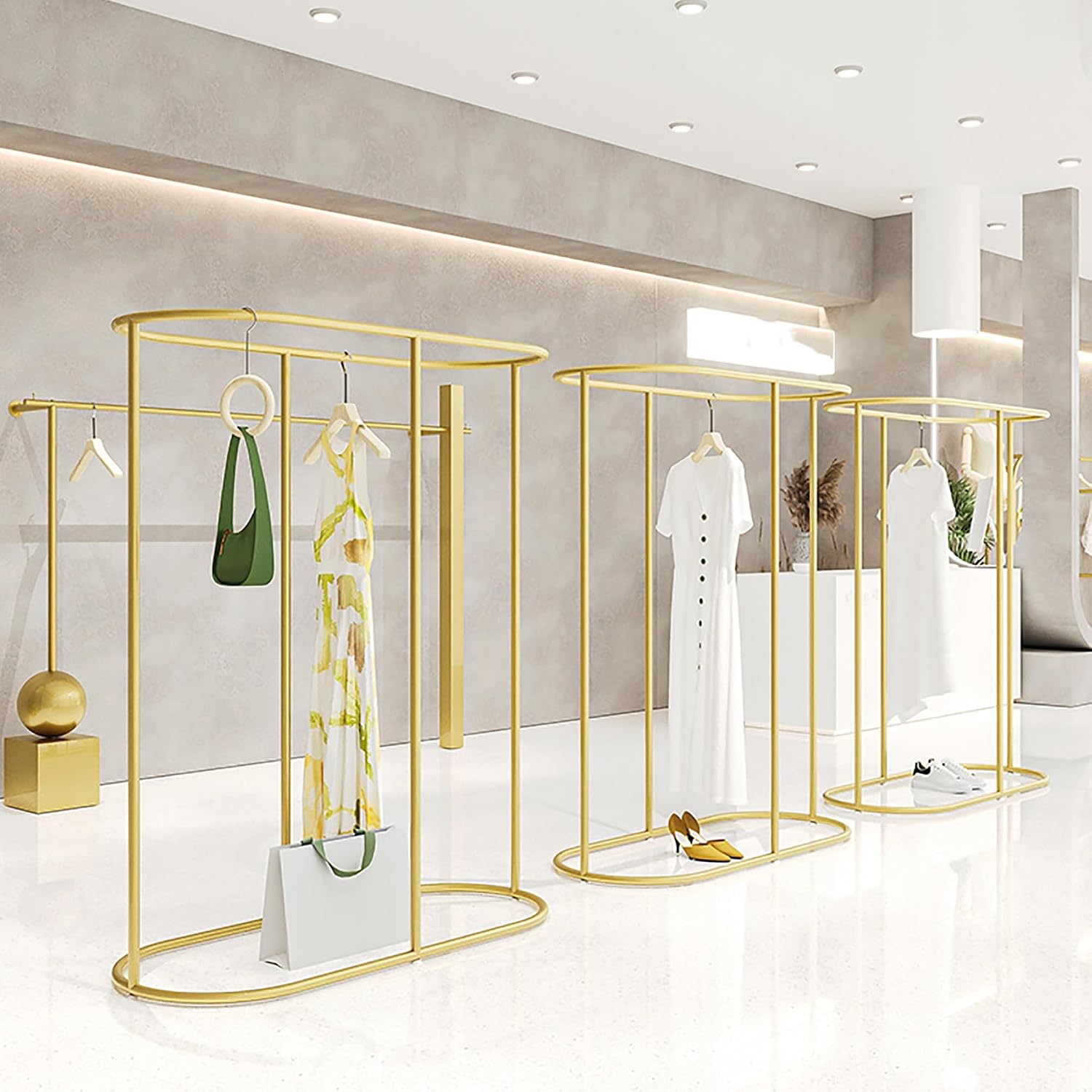 Black Modern Black Metal Hanging Rod Freestanding Garment Rack for Bedroom Hall Clothes Store and Boutique Creative Display in Boutique Clothing Stores,Gold L120cm H140cm