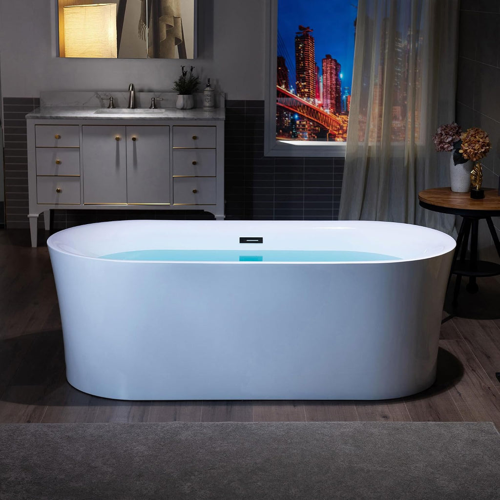 WOODBRIDGE 67' Acrylic Freestanding Bathtub Contemporary Soaking Tub with Matte Black Overflow and Drain,White Tub