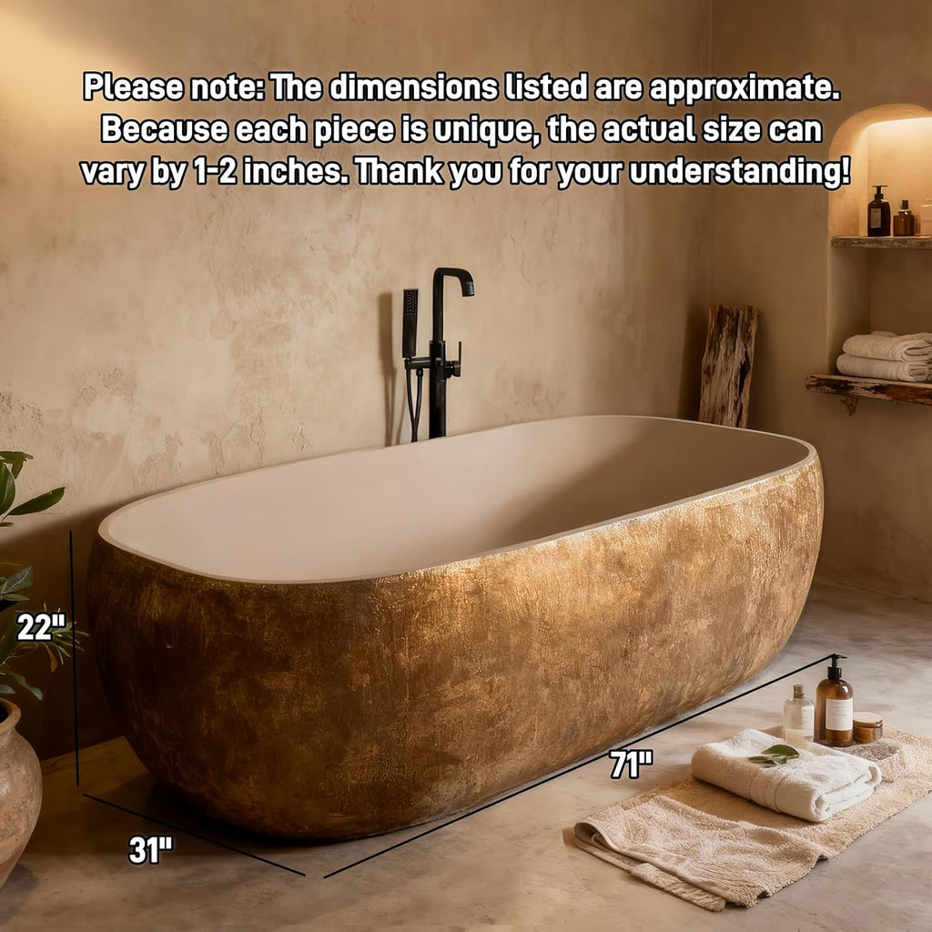 71' Edeyeu Freestanding Bathtub - Modern Designer Solid Surface Bathtub Soaking Tub With Extra Deep Ergonomic High Back, Luxury Stone Texture Free Standing Tub, Artistic Style