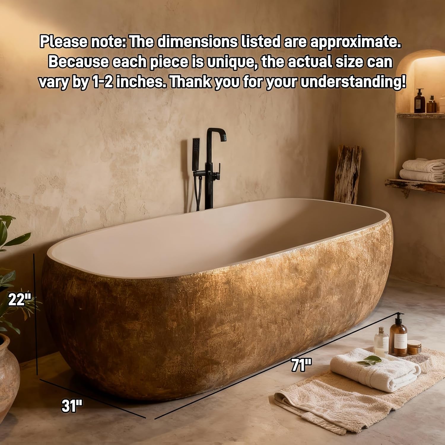 71' Edeyeu Freestanding Bathtub - Modern Designer Solid Surface Bathtub Soaking Tub With Extra Deep Ergonomic High Back, Luxury Stone Texture Free Standing Tub, Artistic Style
