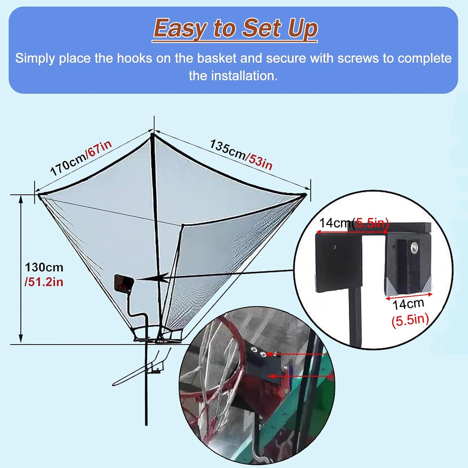 Indoor Outdoor Basketball Hoop Net Catcher, 180° Rotatable Foldable Shot Training Aid Rebound System - Metal Iron Frame, for Garage/Backyard/Pool, Easy to Set Up