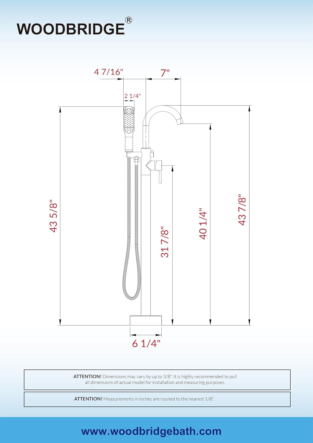WOODBRIDGE High Flow Rate 8 GPM Freestanding Tub Filler Faucet with Hand Shower, Brushed Nickel,F0023BNSQ