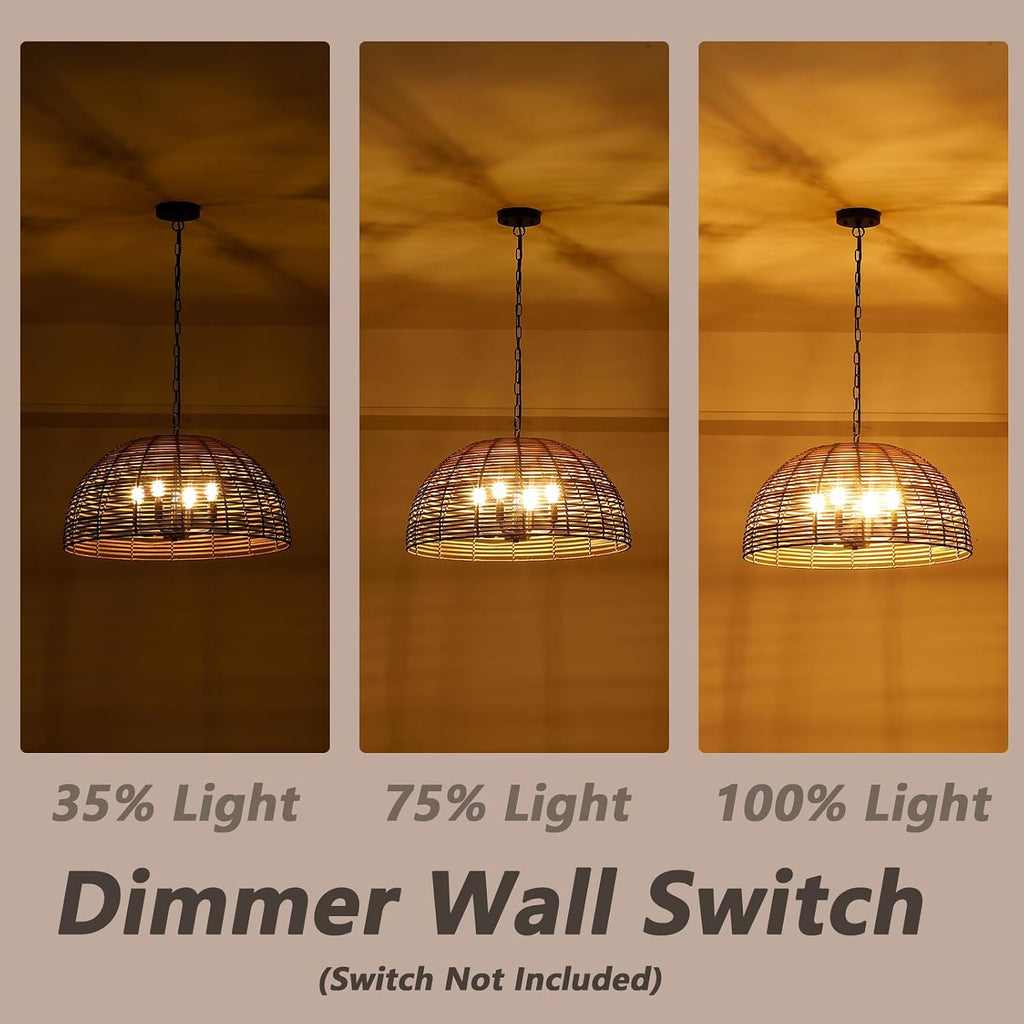 OCIOC Rattan Pendant Lighting, 23.6' Kitchen Island Hanging Light Fixtures,Large Boho Hand-Woven Chanderlier, E26 Farmhouse Retro Ceiling Chandelier 4-Lights For Dining Room Kitchen Island Living Room