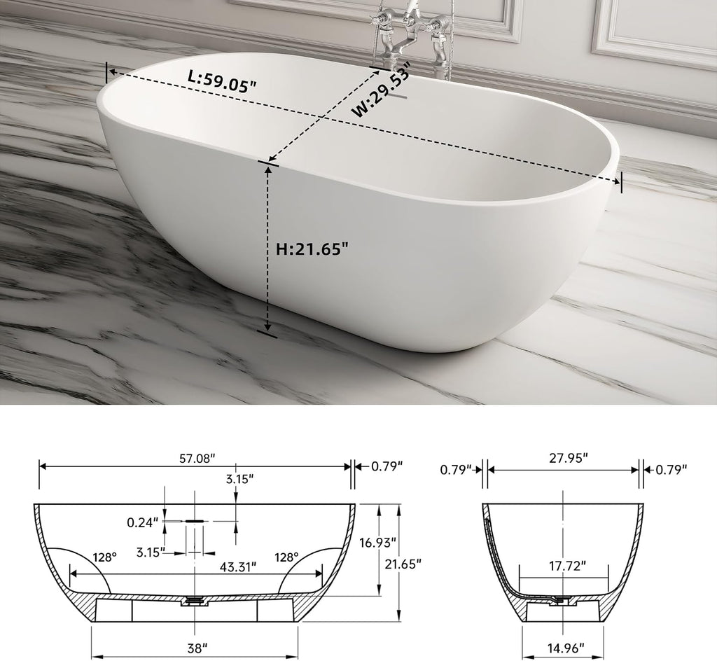 59 Inch Freestanding Bathtub Oval Shaped Solid Surface Resin Stone soaker Freestanding Tubs Matte White Soaking Tub with Overflow and Pop-up Drain (white)307-1500