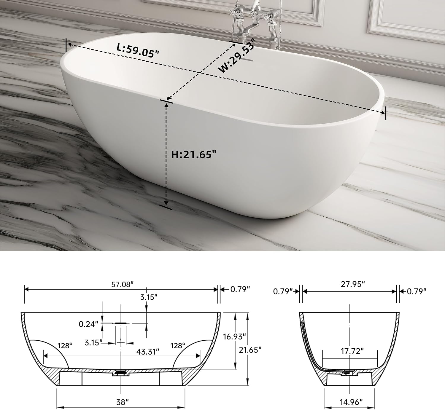59 Inch Freestanding Bathtub Oval Shaped Solid Surface Resin Stone soaker Freestanding Tubs Matte White Soaking Tub with Overflow and Pop-up Drain (white)307-1500