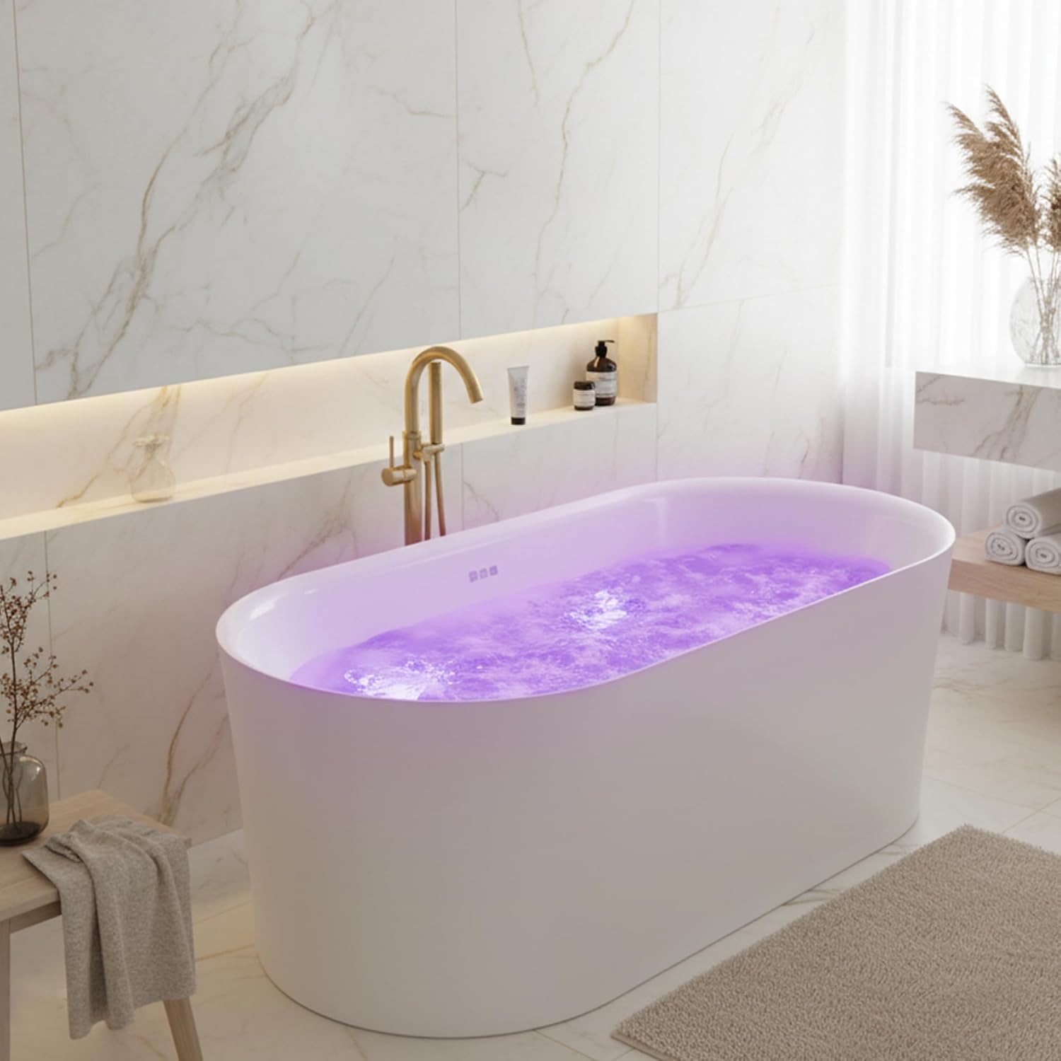 ANZZI 67' Freestanding Tub, Air Bubble Acrylic Freestanding Bathtub, White Acrylic + Fiberglass, Soaking Tub, Drain and Overflow, Light Up Control Pad (AMZ-FT-67)