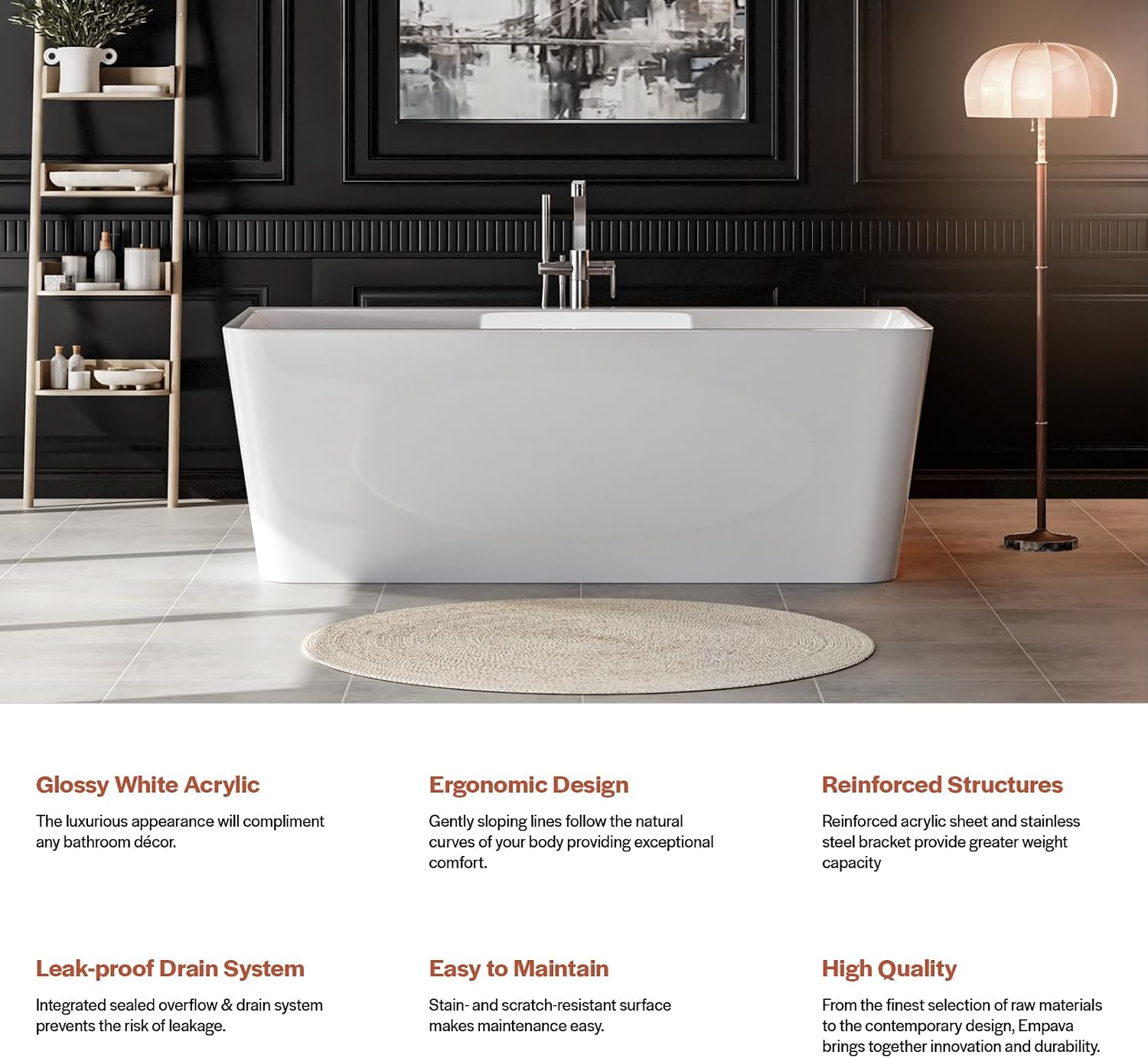 Empava 67' Freestanding Bathtub - Modern Back-to-Wall Soaking Tub with Chrome Drain & Overflow, Gloss White Acrylic Design