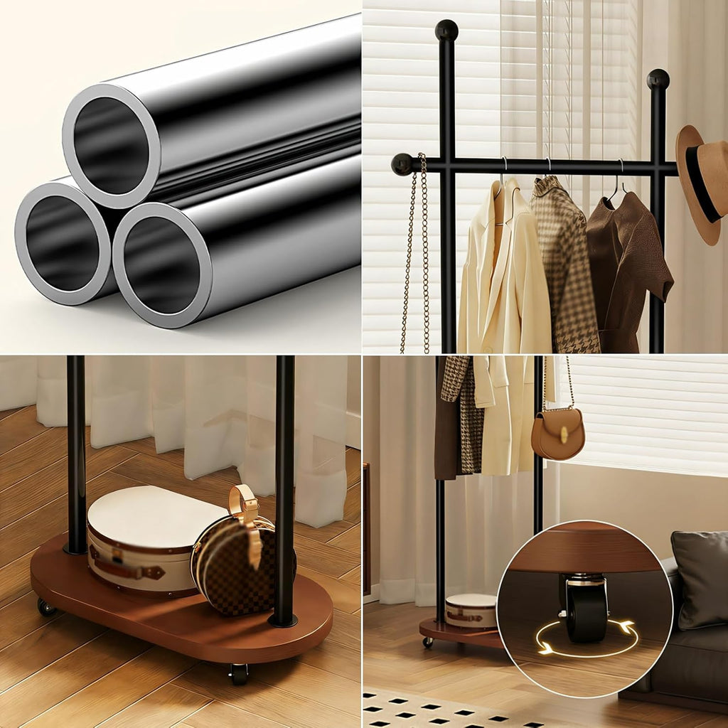 Rolling Coat Rack with Storage Shelf - Freestanding Garment Racks Hanger Stand, Clothes Rack for Entryway/Bedroom, Industrial Metal & Wood Organizer with Caster Wheels(Black,60cm(23.6in))