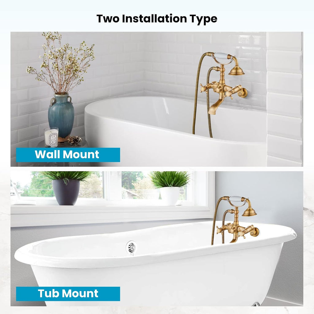 gotonovo Clawfoot Bathtub Faucet Tub Filler with Hand Held Shower Faucet Set Victorian Double Cross Handle 6 Inch Center Adjustable Swing Arms Tub Mount Short Adapter Antique Brass