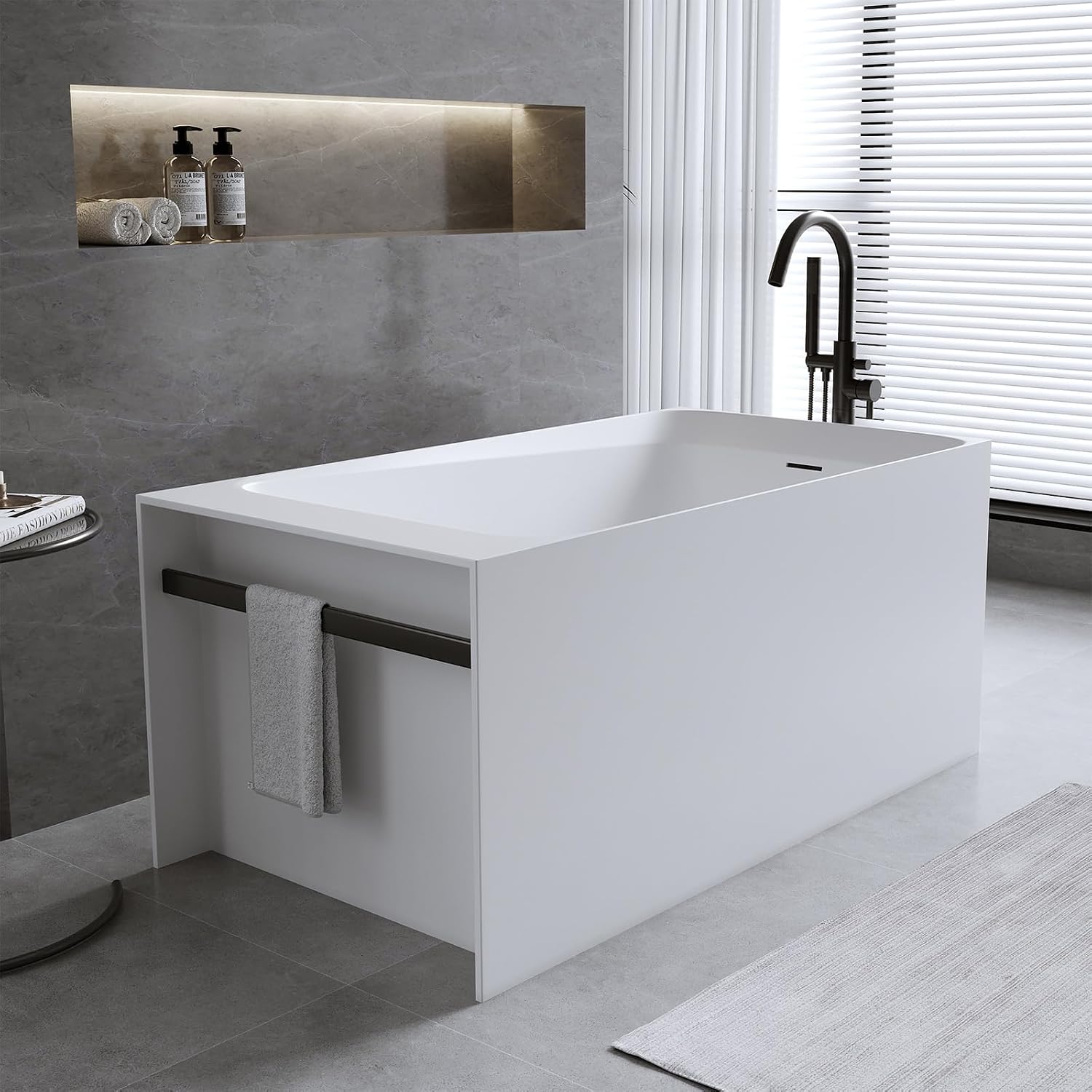 51'' Freestanding Bathtub for Adult, Contemporary Resin Stone Soaking Bathtub Solid Surface Modern Stand Alone Tub with Overflow and Pop-up Drain, Japanese soaking tub White (Rectangular)