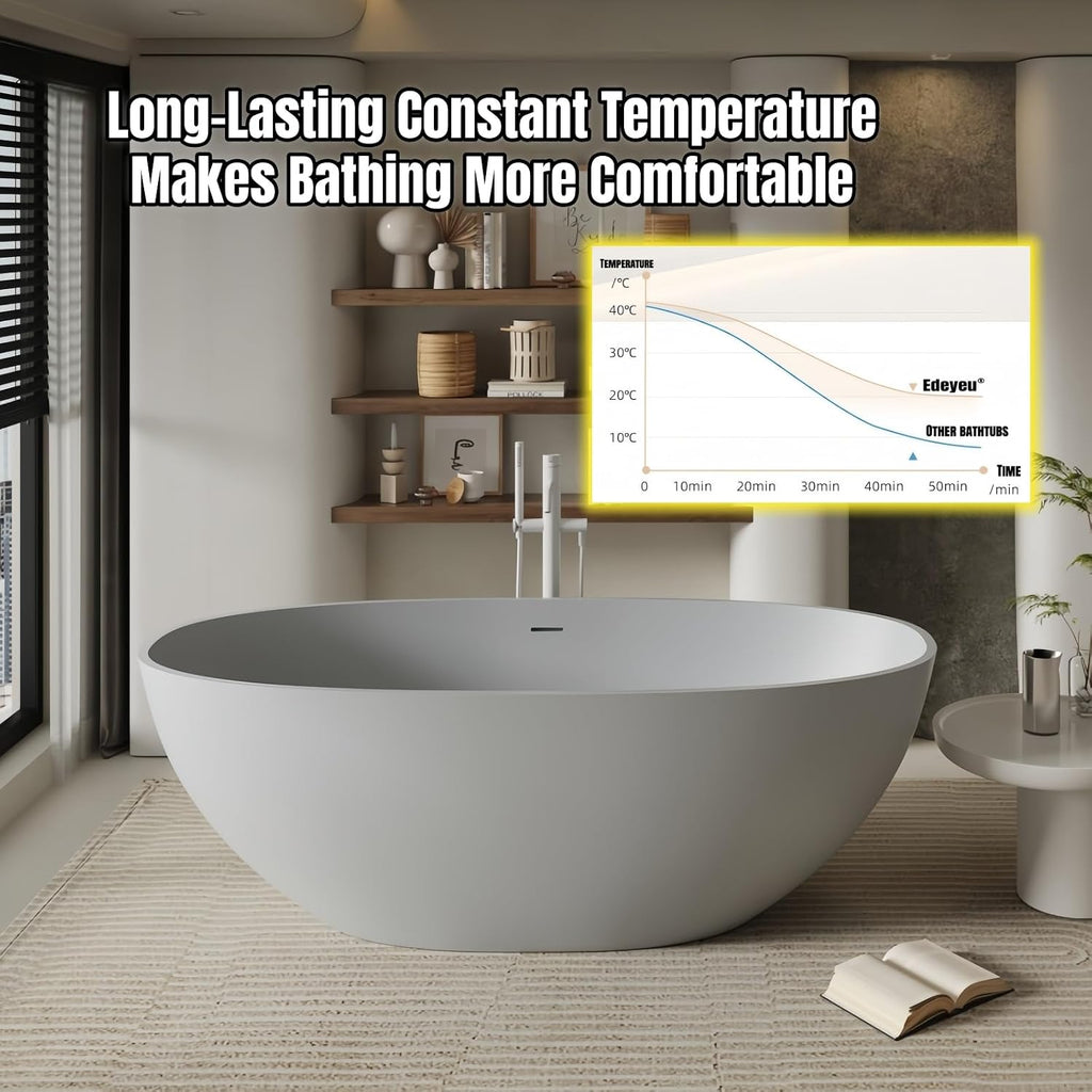 72' Edeyeu Freestanding Bathtub - Oval Deep Soaking Tub with Engineered Stone Build, Ergonomic Backrest and Heat-Retaining Layers, Luxury Solid Surface Bathtub for Modern Bathrooms White