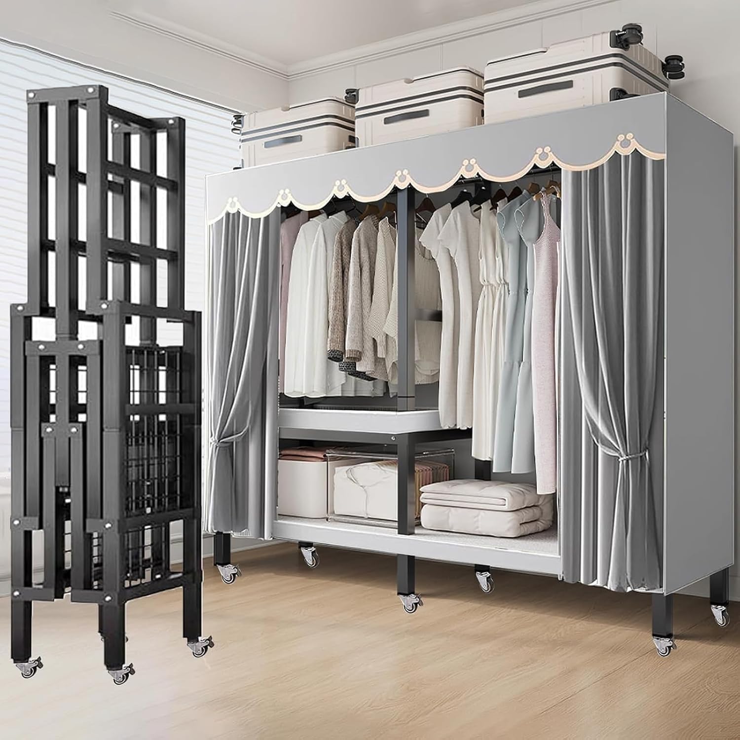 Heavy Duty Portable Closet with Cover Foldable Clothes Rack Armoire Wardrobe Closet Garment Racks(182cm/71.7in)