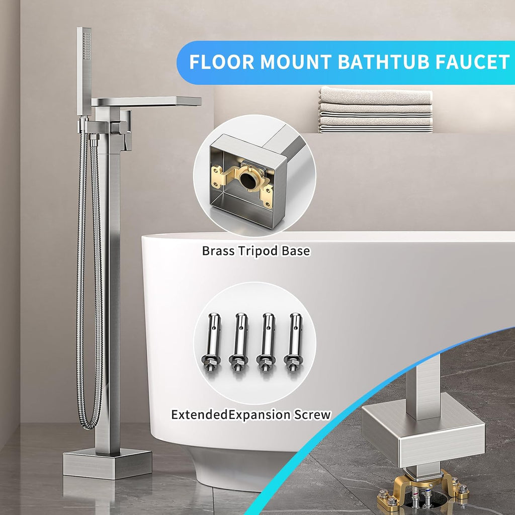 Freestanding Bathtub Faucet with Handheld Spray Single,High Flow Waterfall Bath Shower Faucet,Floor Mount Bathtub Faucet Swivel Flat Waterfall Spout Brushed Nickel