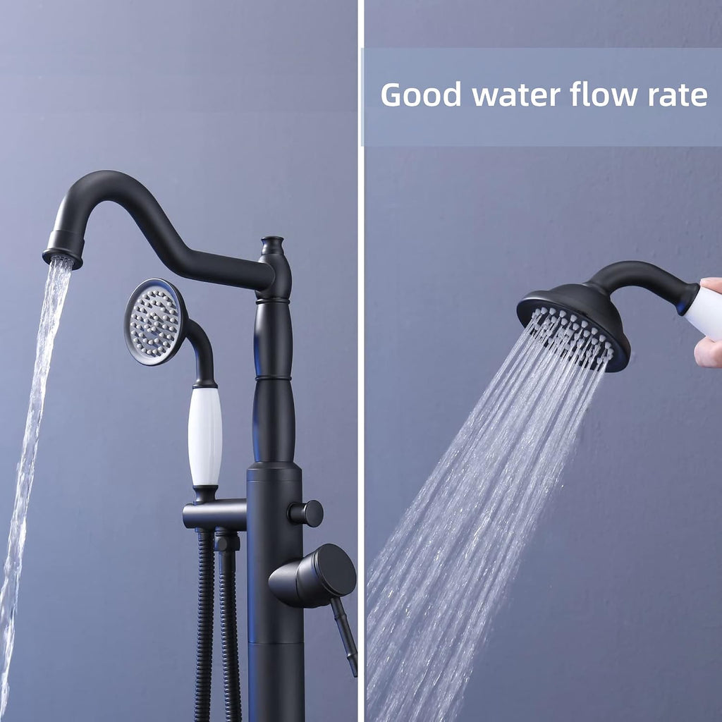 Free Standing Tub Faucet Matte Black, Freestanding Bathtub Filler Stylish Brass Stand Alone Clawfoot Tub Faucet with Rotate Handheld Shower
