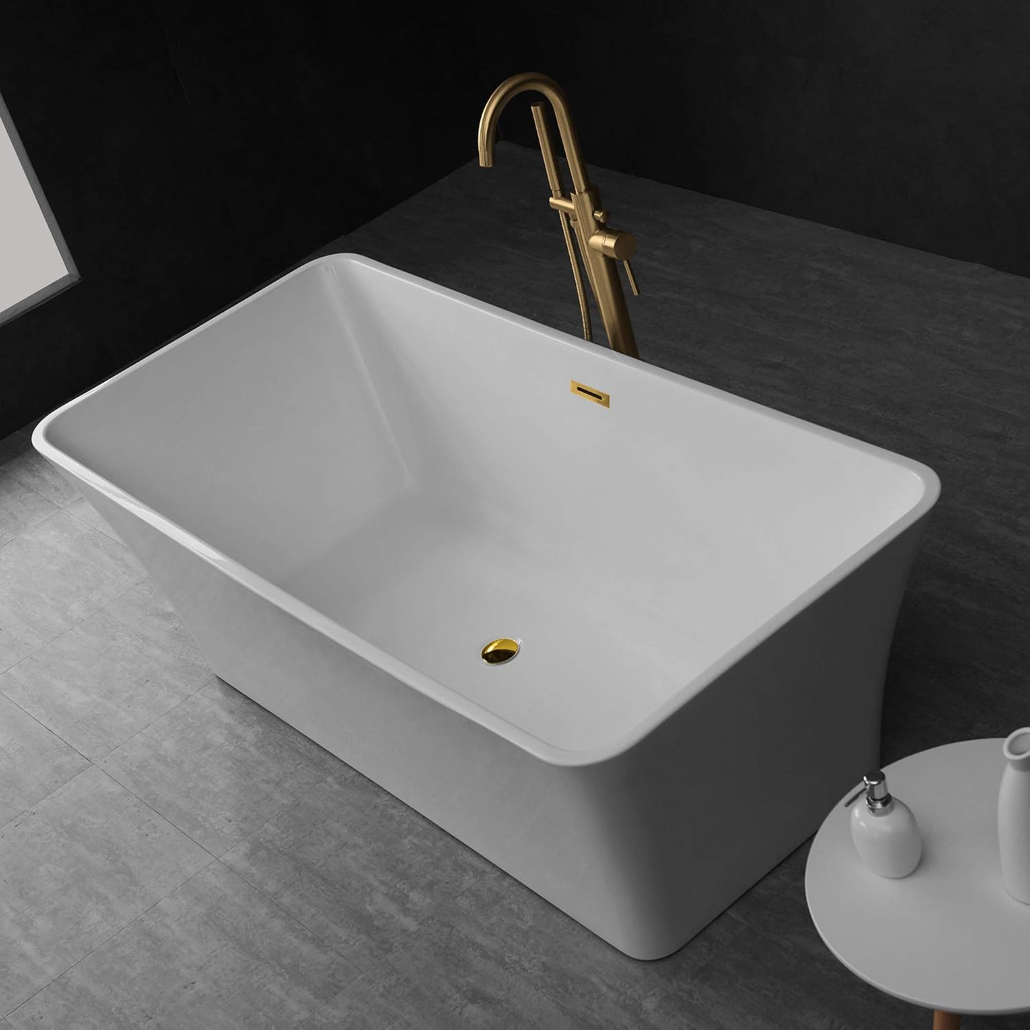 WOODBRIDGE 67' Acrylic Freestanding Bathtub Contemporary Soaking Tub, White Acrylic (Brushed Gold Drain/Overflow), B0004 -G-Drain &O