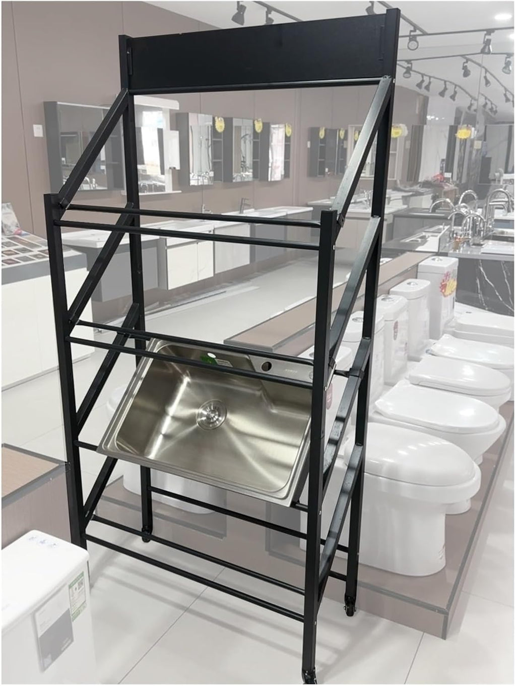 4 Tiers Large Wash Basin Display Rack with Wheels, Commercial Metal Washbasin Sample Display Stand for Household Shops, Adjustable Width Rolling Rack(with Wheel-4 Layers - L 90cm/35.4in