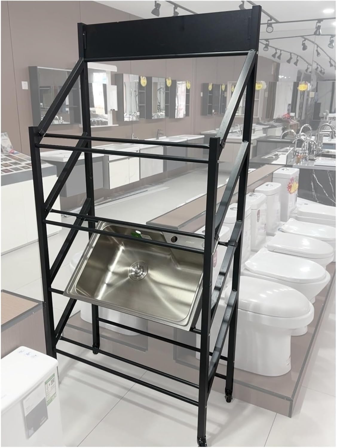 4 Tiers Large Wash Basin Display Rack with Wheels, Commercial Metal Washbasin Sample Display Stand for Household Shops, Adjustable Width Rolling Rack(with Wheel-4 Layers - L 90cm/35.4in