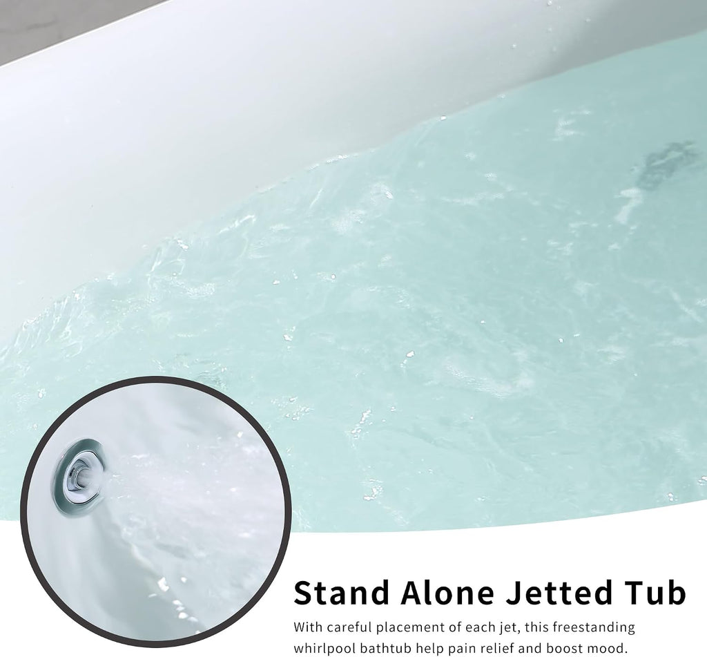 Empava 67' x 31' Freestanding Whirlpool Tub with Left/Right Drain,560W Stand Alone Bathtub with 7 Hydromassage Jets, Elegant Boat-Shaped,Acrylic,ETL Certified