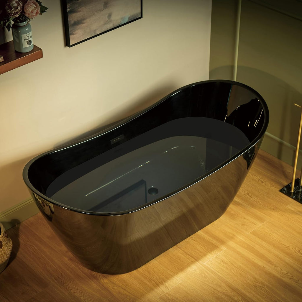 WOODBRIDGE 67' L x 31-1/2' W Freestanding Contemporary Acrylic Soaking Bathtub in Glossy Black Inside and Outside with Matte Black Drain & Overflow, Black, B8810-MB
