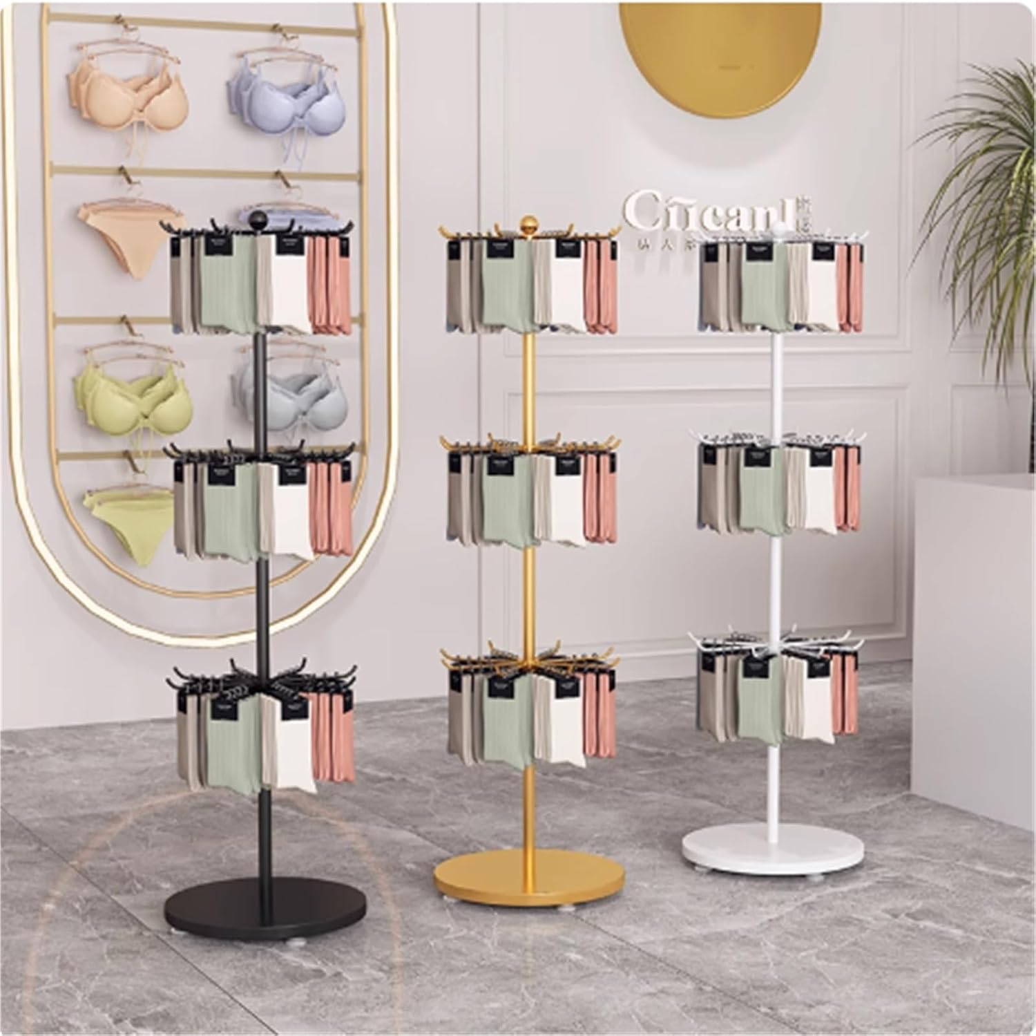 Round Retail Clothing Store Shelf, Commercial Lingerie Garment Rack, Metal, Underwear Sock Display Organizer Stand, for Bras, Shorts, Hats, 3-4 Tier(Gold,135 * 40cm)