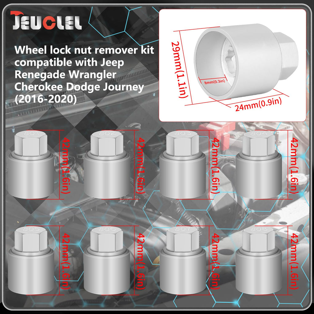 8PCS Wheel Lock Nut Remover Kit for Jeep Renegade Wrangler Cherokee Dodge Journey 2016-2020, 29mm Lock Bolt Inner Dia Anti-Theft Lug Nut Removal Tool