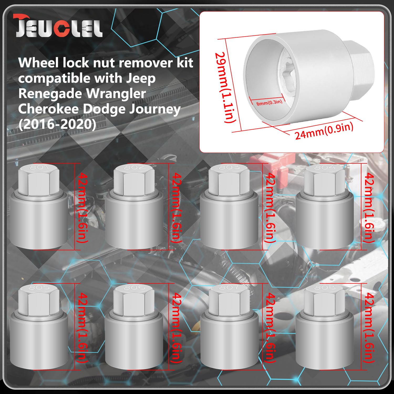 8PCS Wheel Lock Nut Remover Kit for Jeep Renegade Wrangler Cherokee Dodge Journey 2016-2020, 29mm Lock Bolt Inner Dia Anti-Theft Lug Nut Removal Tool