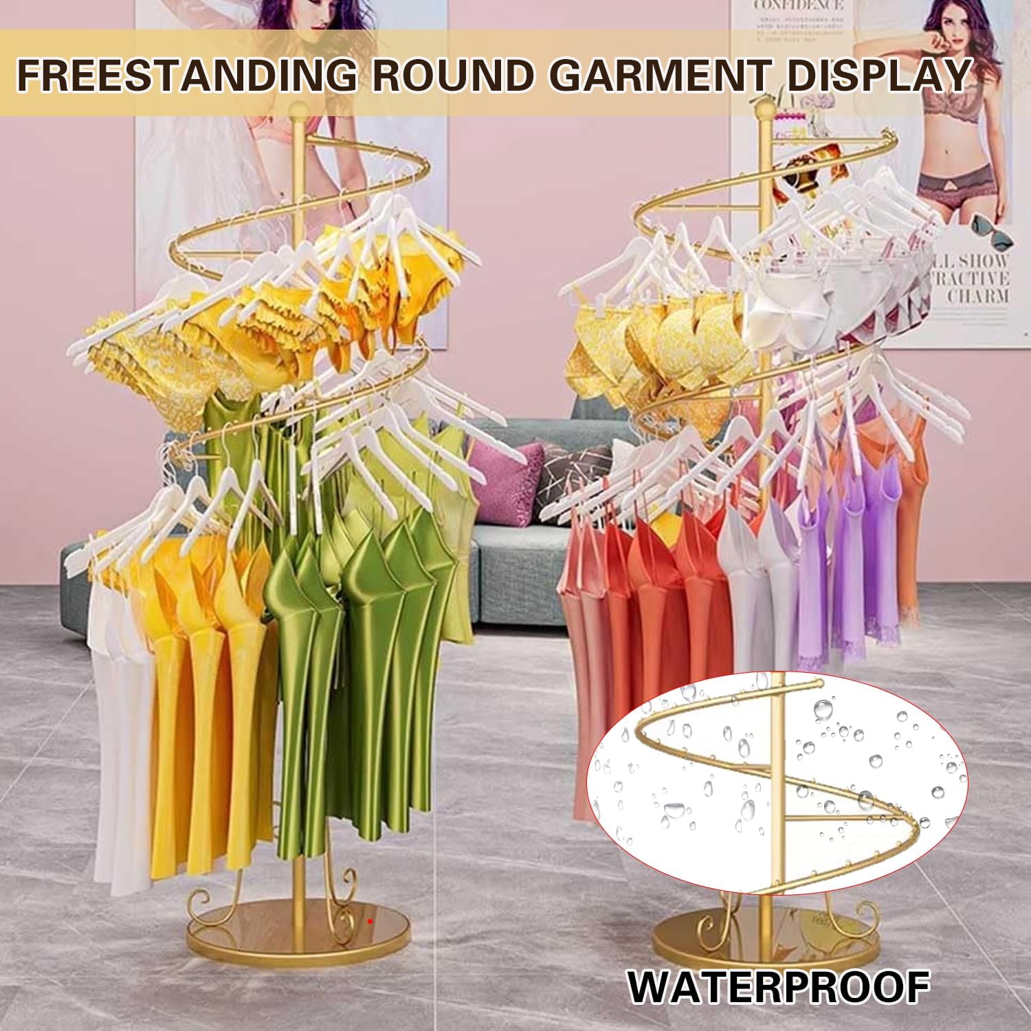 ( Floor Standing Spiral Garment Rack, Gold Round Retail Underwear Display Stand, 63' H Nanogold Portable Hanging Rack, for Mall Socks Shorts Storage Rack,Gold (Gold))