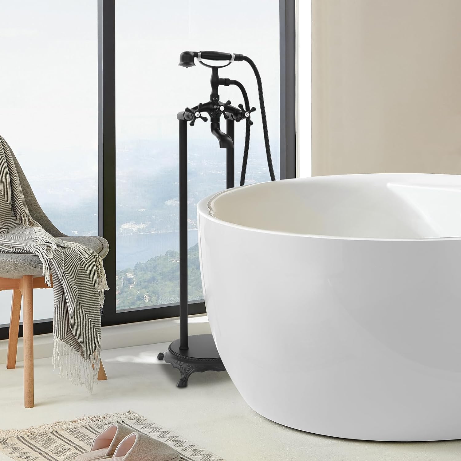 Freestanding Bathtub Faucet with Hand Spray, Floor Mounted Tub Filler, Black Brass, 41.33 Inch Height, Modern Style